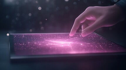 A holographic touchscreen with a transparent design, featuring a glowing effect, ideal for modern technology concepts.