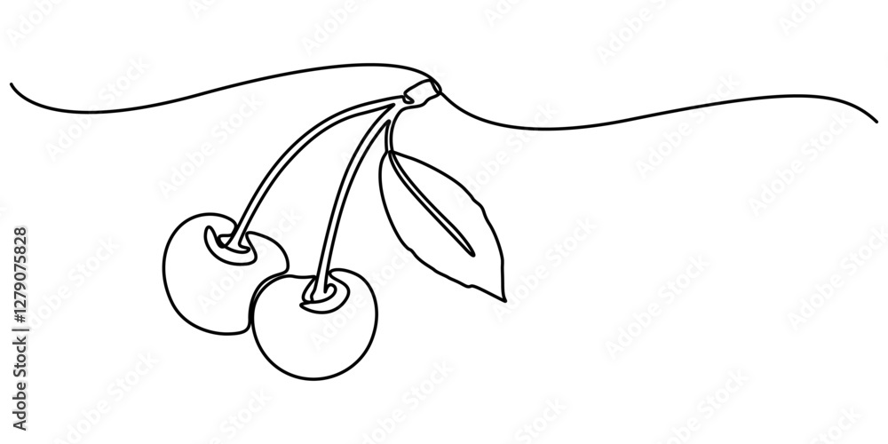 Poster cherry minimalistic design. hand drawn sketch, cherry outline icon. continuous one line drawing. vec