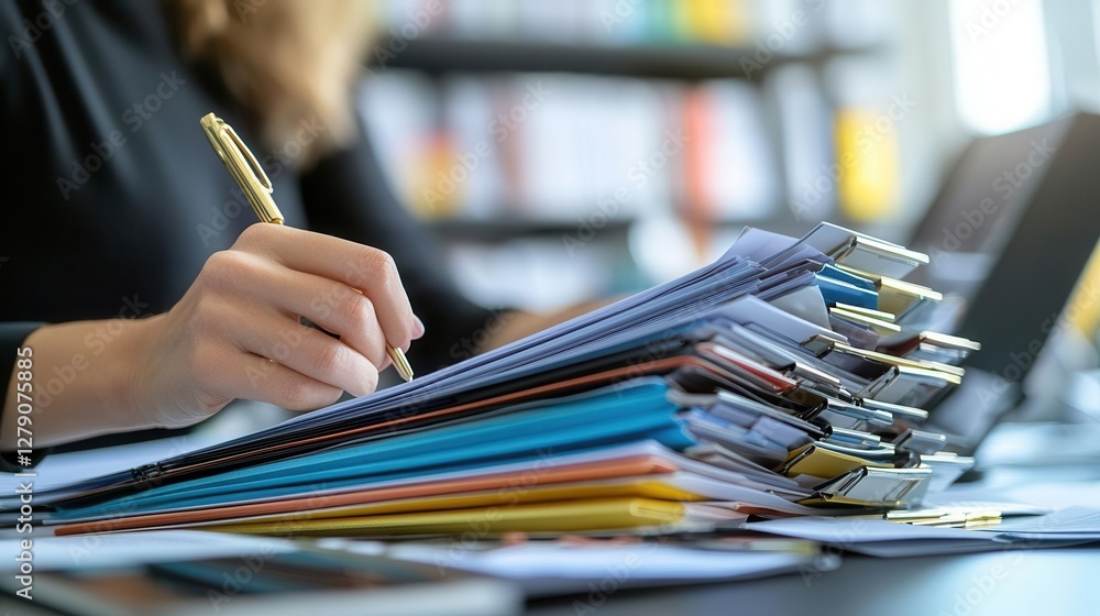 Poster a person is organizing colorful files and documents on a desk, preparing notes with a pen beside a l