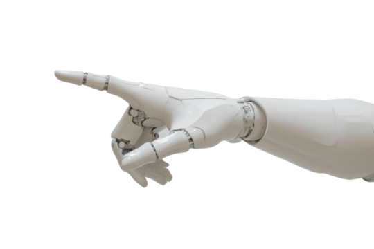 White cyborg robotic finger pointing towards