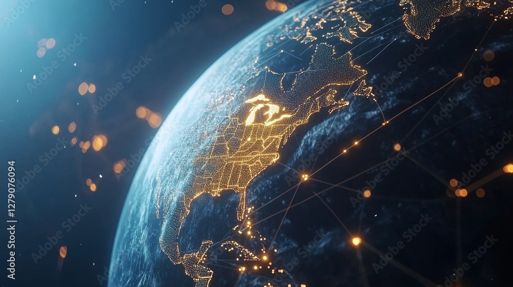 Poster illuminated globe distribution lines global connectivity digital art virtual environment aerial view