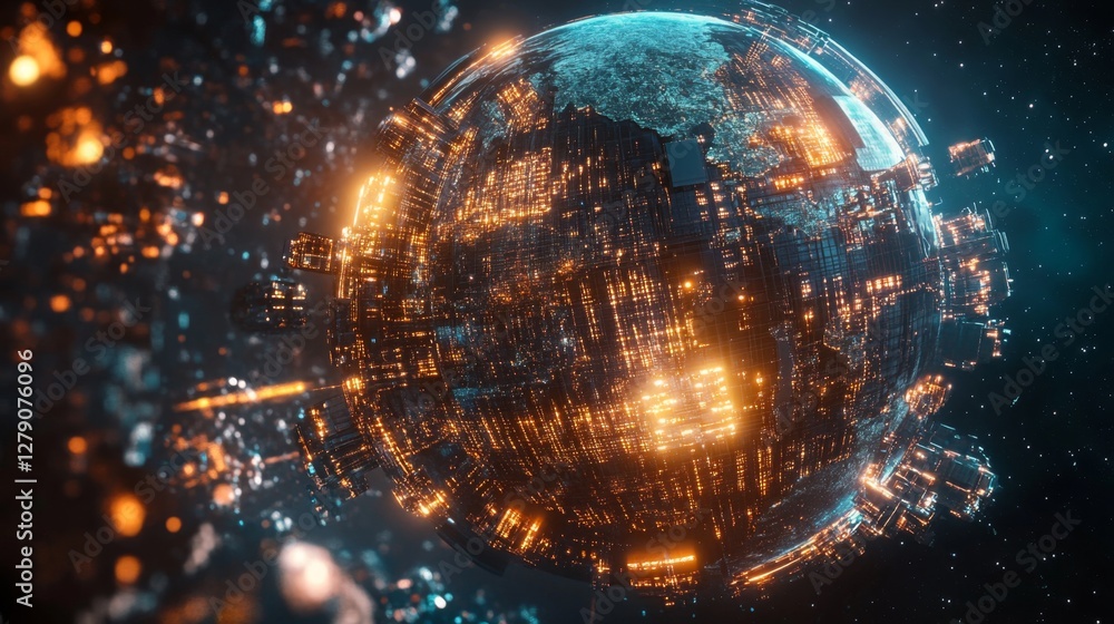 Poster illuminated globe distribution global mapping digital visualization modern technology aerial perspec