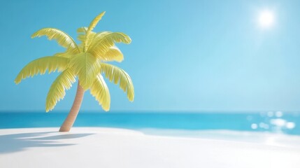 Obraz premium A solitary palm tree stands gracefully on a sunlit beach, embodying a serene tropical paradise and inviting relaxation under the bright sky.