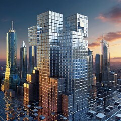 Obraz premium skyscrapers at night, Futuristic Cityscape with Modern Cubic Architecture at Sunrise Background design