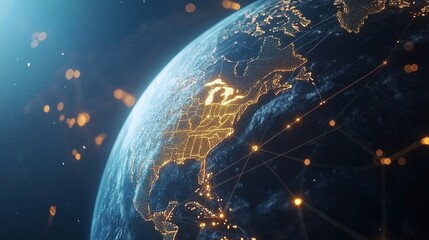 Obraz premium Illuminated globe distribution lines global connectivity digital art virtual environment aerial view data visualization