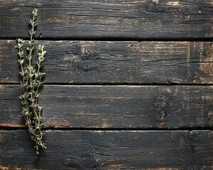 Fototapeta premium Fresh thyme sprig on dark rustic wooden background.