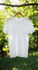 A white T-shirt on a hanger in the middle of a dense forest creates an atmosphere of freshness and natural harmony