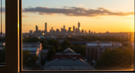 Cityscape Silhouette Through Window at Sunset: Evokes contemplative urban living