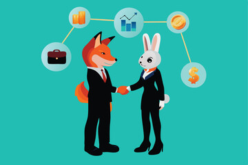 A shrewd fox and a timid rabbit shake hands, sealing a lucrative business deal;  a whimsical illustration of interspecies commerce.