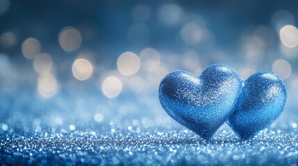 Two Blue Glittering Hearts on Sparkling Background