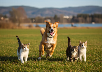Cute and funny dog and cat group happily running and jumping in a field with a blurred background