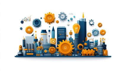 Obraz premium Colorful cityscape illustration featuring gears, skyscrapers, and innovative technology elements