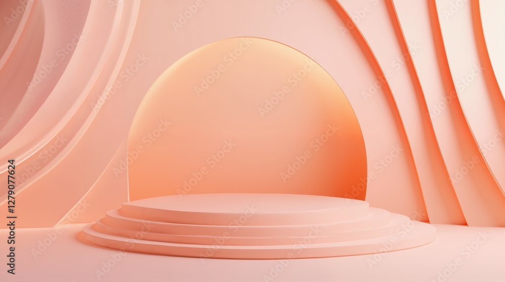 Poster soft pink abstract archway with curved, flowing walls, creating a minimalist, futuristic podium sett