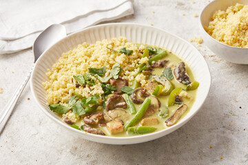 Green Bean Mushroom and Green Pepper Coconut Curry with Millet