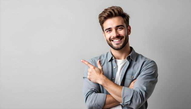 A happy guy pointing left with a friendly gesture