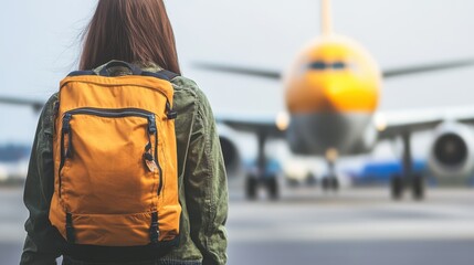 Arafed woman wearing a backpack gazes at a large airplane, capturing a moment of anticipation and travel excitement at the airport.