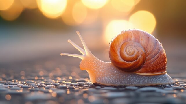 A snail rests on the ground, showcasing its spiral shell and slimy body, blending into the natural environment around it.