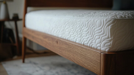 Cozy bedroom displays a close-up of a Scandinavian bed frame paired with a memory foam mattress