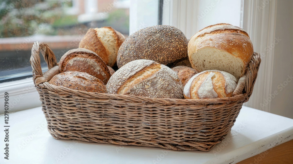 Poster a rustic bread basket on a table with a selection of different breads for sharing.