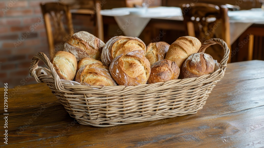 Aufkleber a rustic bread basket on a table with a selection of different breads for sharing.