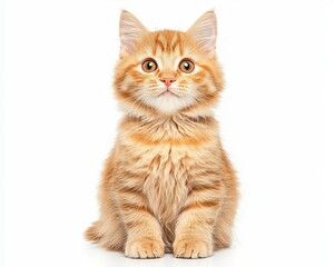Fototapeta premium A cute orange kitten sitting upright with a fluffy coat and big, expressive eyes against a white background.