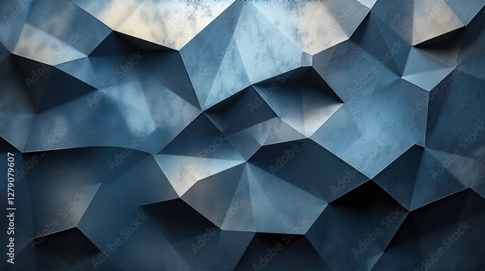 Poster abstract blue geometric pattern with sharp, angular facets, creating a futuristic, crystalline effec