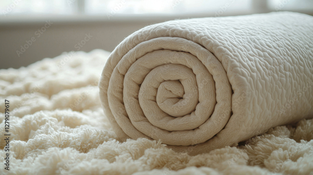 Poster close-up view of a roll-packed mattress expanding on a soft fabric surface in a bright room