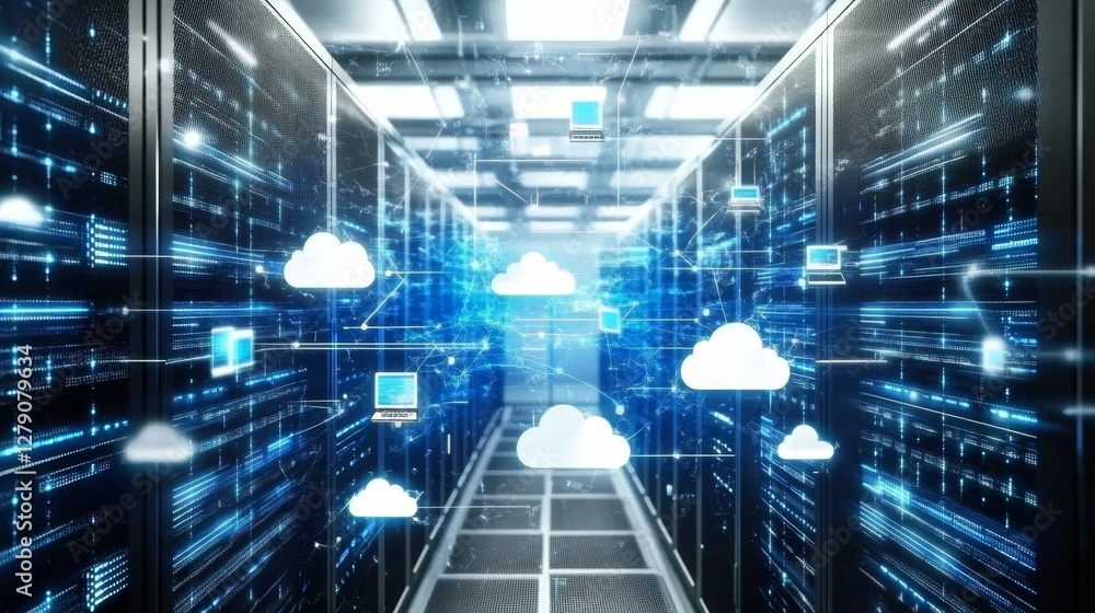 Poster showcasing advanced server systems modern server room technology showcase high-tech environment prof
