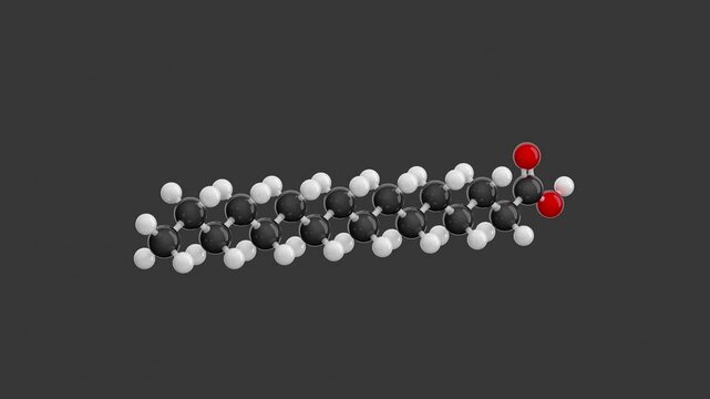 Palmitic acid molecular structure: 3D model of molecule. Chemical formula: C16H32O2. Seamless looping Video with an Alpha Channel. Gray background.