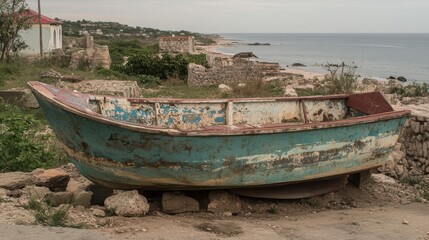 Obraz premium A boat rests on the ground near the water's edge, showcasing a tranquil scene of nature and leisure.