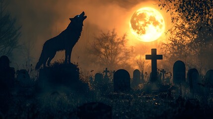 Haunting Halloween graveyard scene with the silhouette of a wolf howling under the bright glowing...