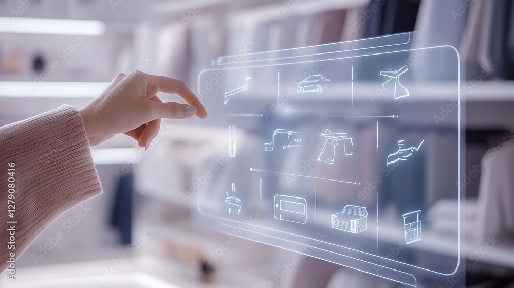 Poster virtual shopping assistant image featuring a floating product design and modern aesthetic.