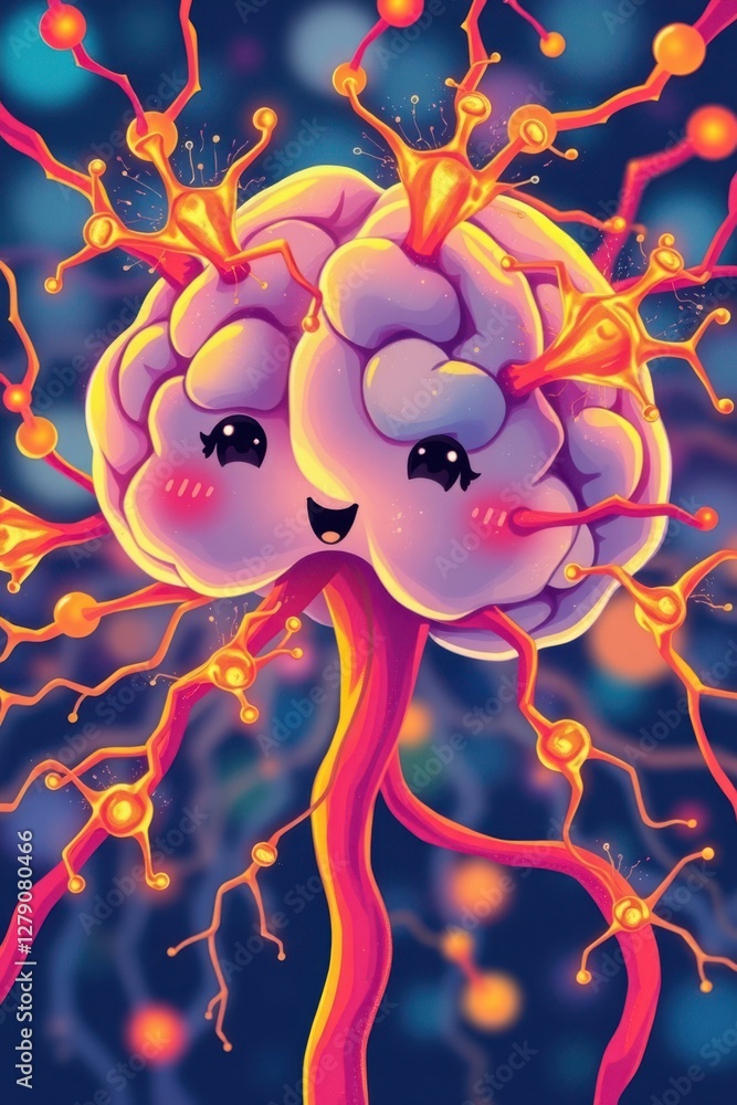 Poster cartoon brain with neurons shows cognitive function in a simplified and colorful graphic depiction.