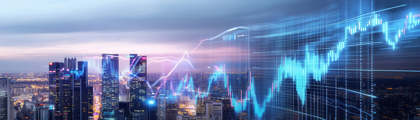 Fototapeta premium Market analysis and growth trends urban landscape digital graphics evening atmosphere aerial perspective for business insights