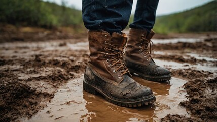Close Up of Brown Leather Boots Covered in Mud on Wet Terrain Outdoors on Overcast Day