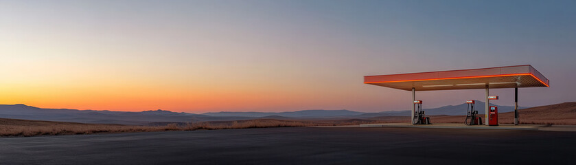 Gas station at sunset remote landscape photography tranquil environment wide angle view travel concept