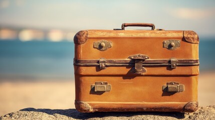A brown suitcase rests on a rock, overlooking the serene ocean, capturing a sense of adventure and travel amidst a picturesque coastal landscape.