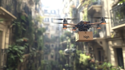 Drone Delivering Package in Urban Setting, A drone delivering a package in a lush urban environment, surrounded by greenery and modern buildings