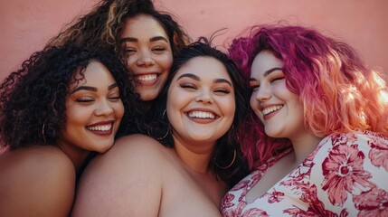 Obraz premium A diverse group of women of different sizes and ethnicities smiling together, embracing body positivity.