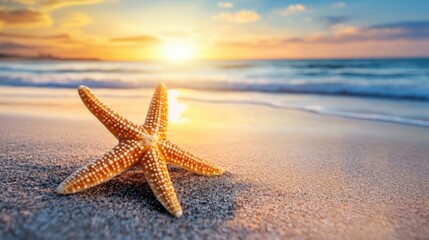 Fototapeta na wymiar A starfish rests gracefully on a sandy beach, showcasing its unique texture and vibrant color against the natural backdrop of the shore.