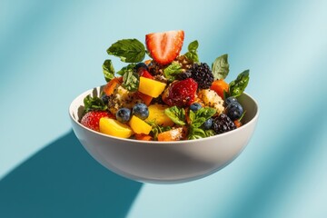 Vibrant fruit salad recipe infographic bright studio digital visuals flat lay perspective colorful ingredients and fun design