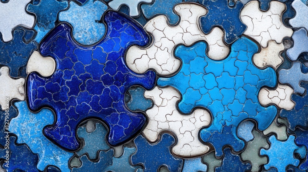 Poster close-up of interlocking blue and white puzzle pieces showcasing intricate textures and patterns