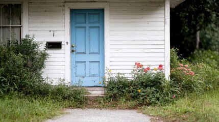 Obraz premium Old House Front Door with Blue Paint, Flowers, and overgrown Landscaping