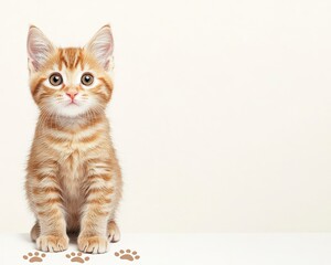 Obraz premium A cute orange tabby kitten sits on a light background, showcasing its bright eyes and playful demeanor.