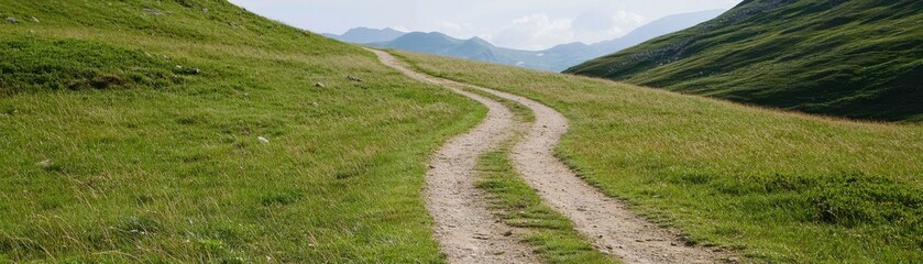 Serene Winding Path Through Green Meadows Under Blue Sky in Scenic Mountain Landscape