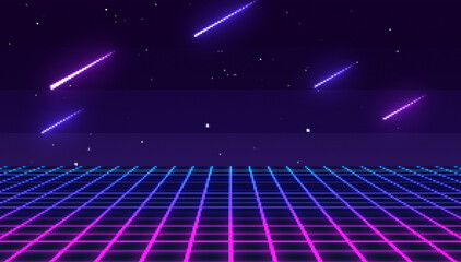 80s - 90s Retro Sci-Fi Background, pixel art 8 bit game style. surface futuristic digital cyberpunk with neon wireframe grid landscape. technology illustration © ponravin