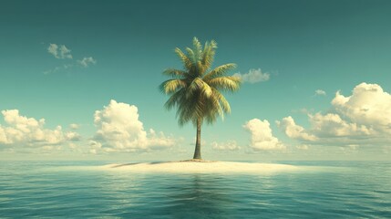 Obraz premium A solitary palm tree stands tall on a serene island, surrounded by the expansive ocean, creating a tranquil tropical paradise scene.
