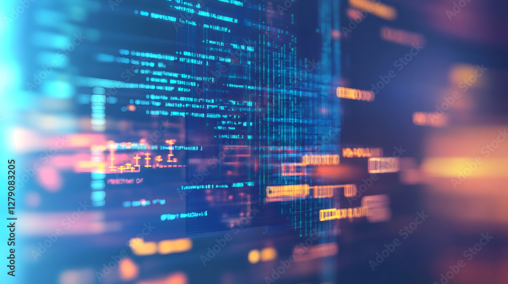 Aufkleber Lines of programming code scrolling on a computer screen in blue and orange colors, representing software development and technology