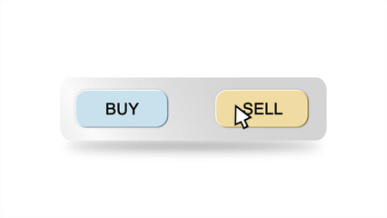 A digital cursor hovers over a "Buy" or "Sell" button on a white background, representing a choice between acquiring or disposing of goods, assets, or services