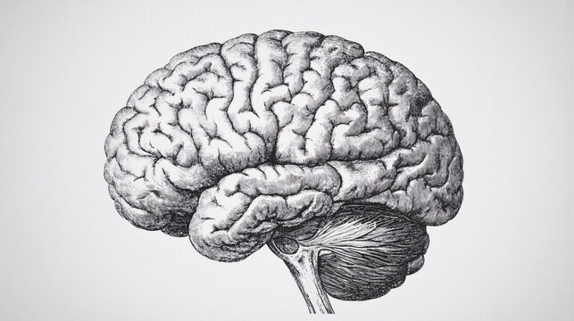 A vintage style black and white engraving of a human brain in side profile showcasing anatomical details and complex neural structure

